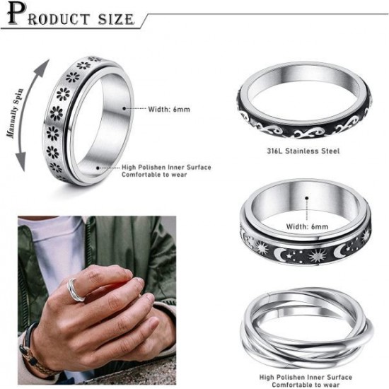 4Pcs Stainless Fidget Band Rings Spinner Rings For Women Mens Triple Interlocked Rolling Ring Celtic Stress Relieving Reduce Anxiety Size 7